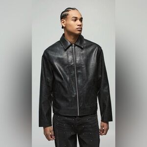 BoohooMAN Black Faux Leather Oversized Harrington Jacket XL‎